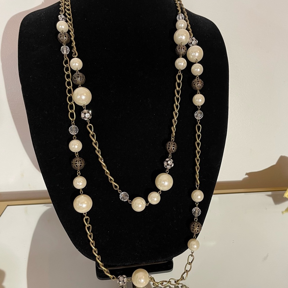 2 strand necklace simulated pearls, rhinestones, gold toned crystal stone